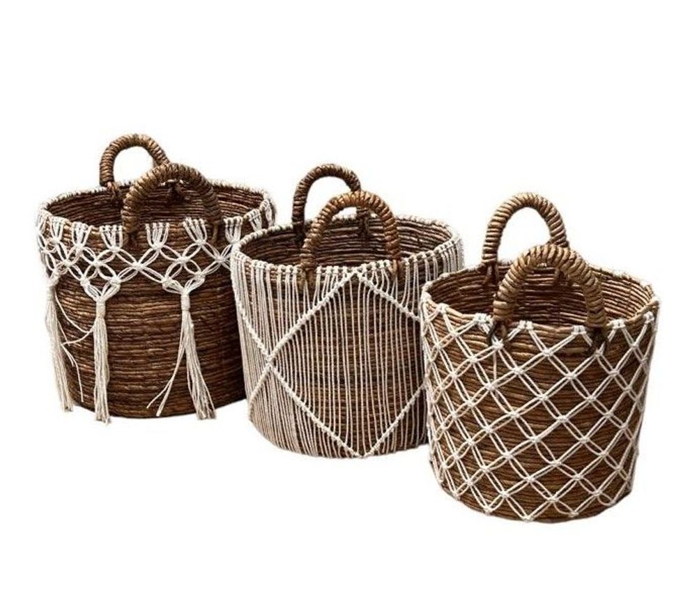 Coffrets et boîtes - Set de 3 panières assorties en Abaca et macramé blanc (Bali) SPAMB3 - BALINAISA