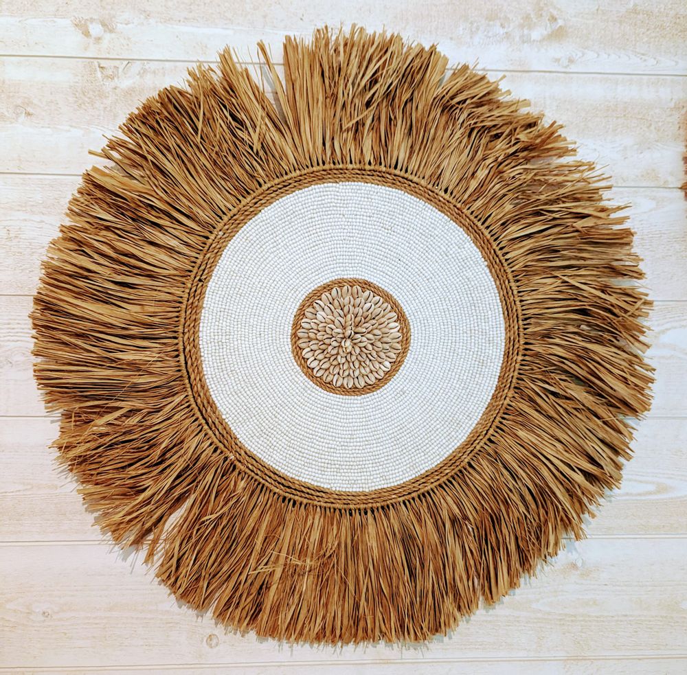 Other wall decoration - Wall decor raffia, white pearls and cowrie shells (Bali) - WDRBC1 - BALINAISA