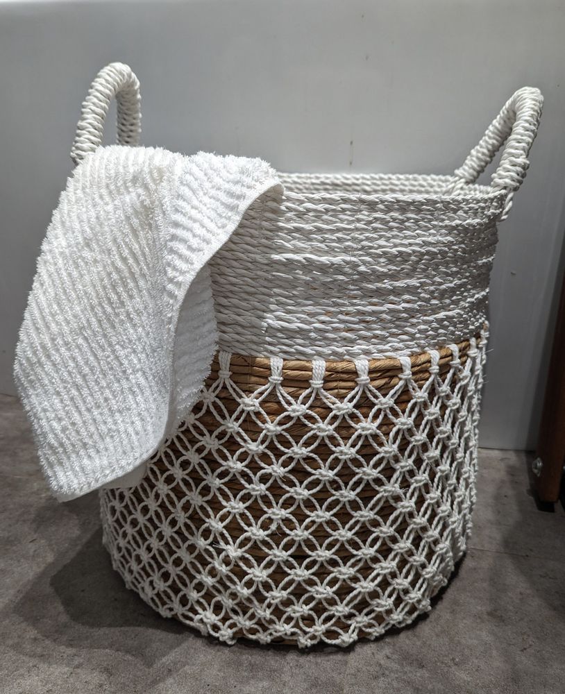 Baskets - Natural Abaca, Raffia and White Macrame Basket (Bali) - PARMS3 - BALINAISA