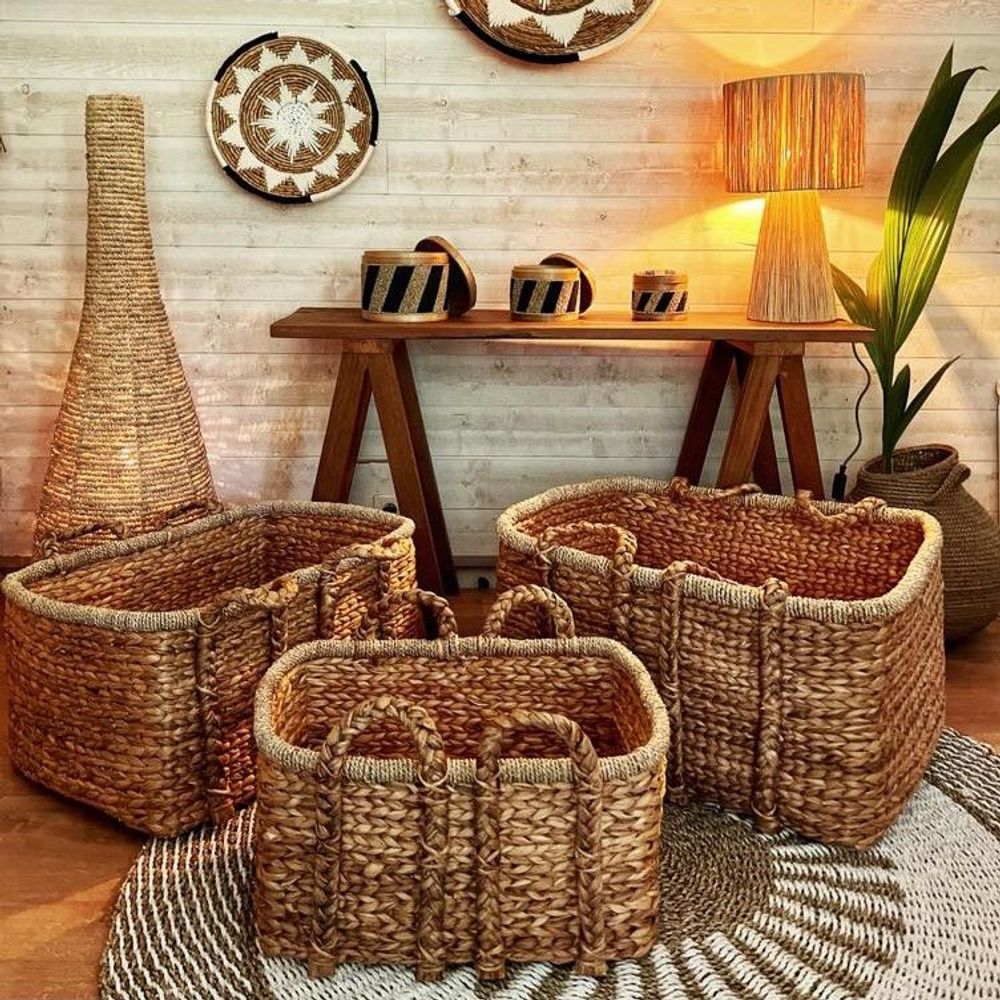 Baskets - Set of 3 rectangular natural baskets in water hyacinth (Bali) - PRJS3 - BALINAISA