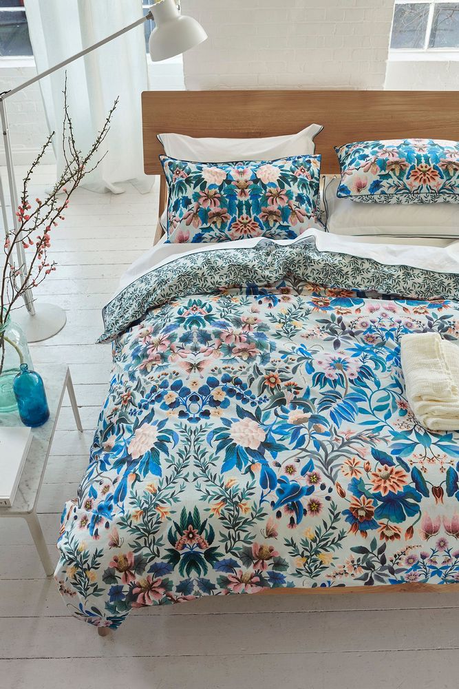 Linge de lit - Ikebana Damask Slate Blue - Parure de lit en percale de coton - DESIGNERS GUILD
