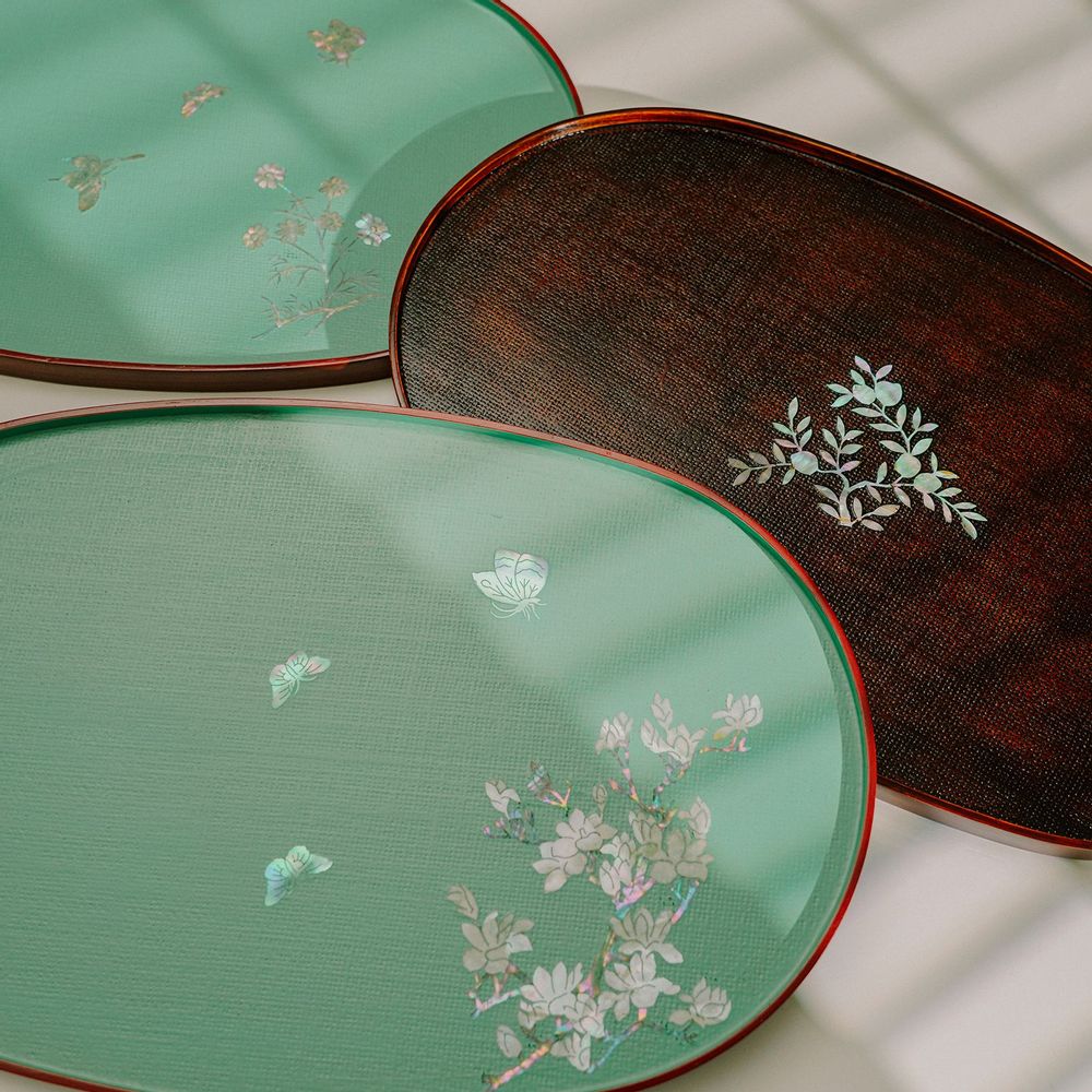 Kitchen utensils - Mother of Pearl Korean Hemp Cloth Lacquered Tray - FEBRUARY MOUNTAIN