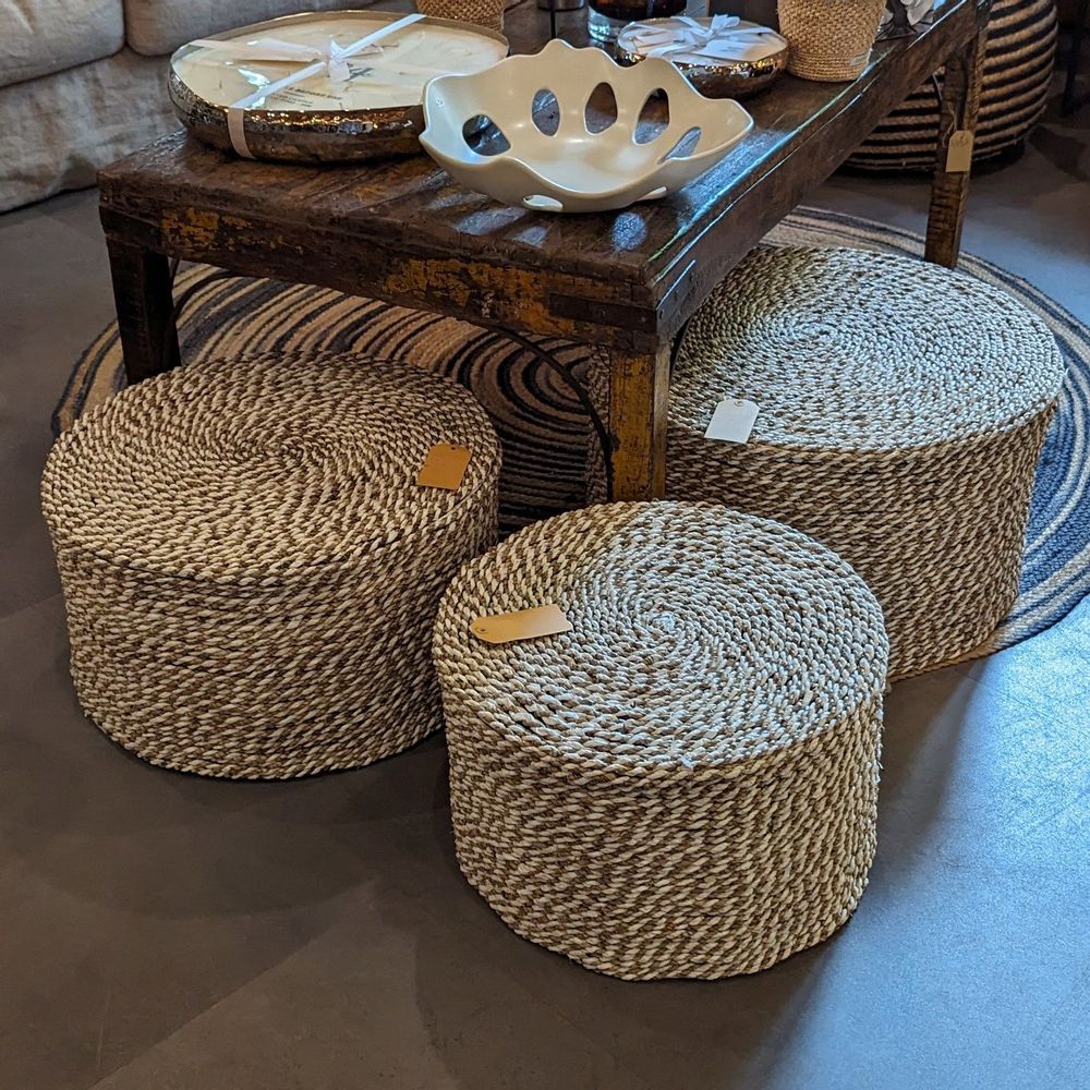 Laundry baskets - Set of 3 round baskets, seagrass and raffia (Bali) - PPRSRS3T - BALINAISA