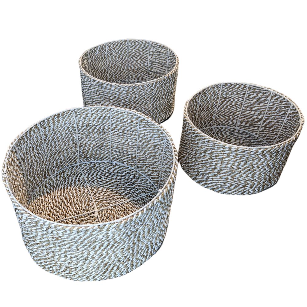 Laundry baskets - Set of 3 round baskets, seagrass and raffia (Bali) - PPRSRS3T - BALINAISA