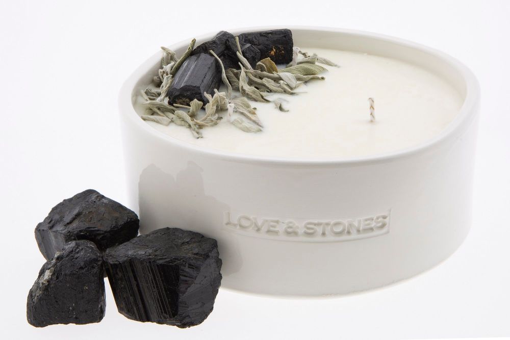 Candles - LET GO - SAGE & BLACK TOURMALINE CRYSTAL INFUSED SCENTED LARGE WHITE CERAMIC CANDLE 1200ML - LOVE & STONES