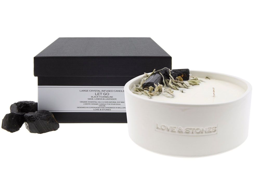 Candles - LET GO - SAGE & BLACK TOURMALINE CRYSTAL INFUSED SCENTED LARGE WHITE CERAMIC CANDLE 1200ML - LOVE & STONES