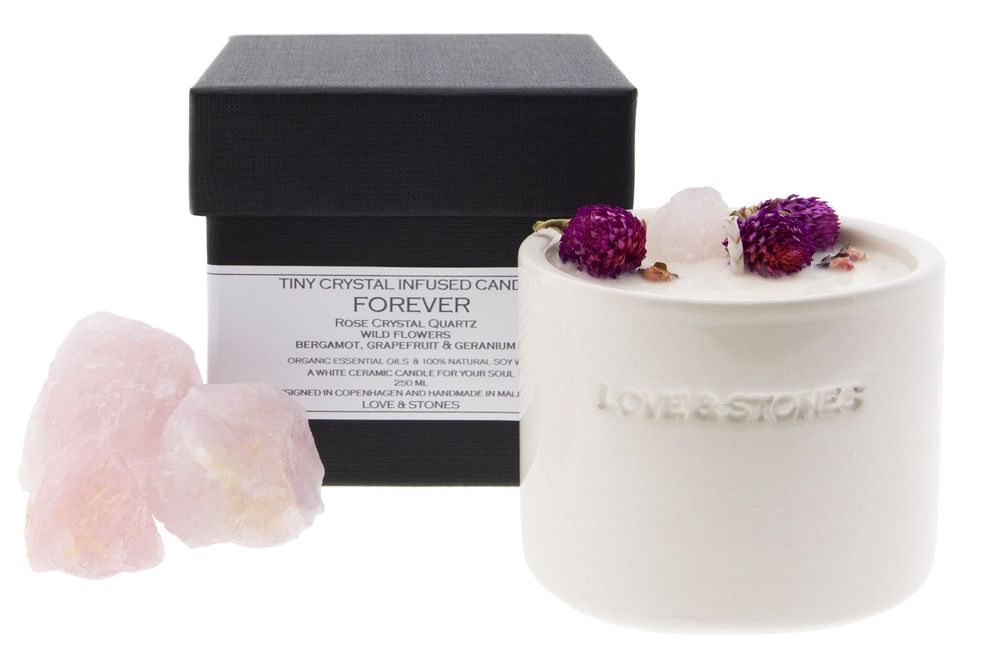 Candles - FOREVER - A RAW ROSE QUARTZ CRYSTAL INFUSED SCENTED TINY WHITE CERAMIC CANDLE 250ML - LOVE & STONES