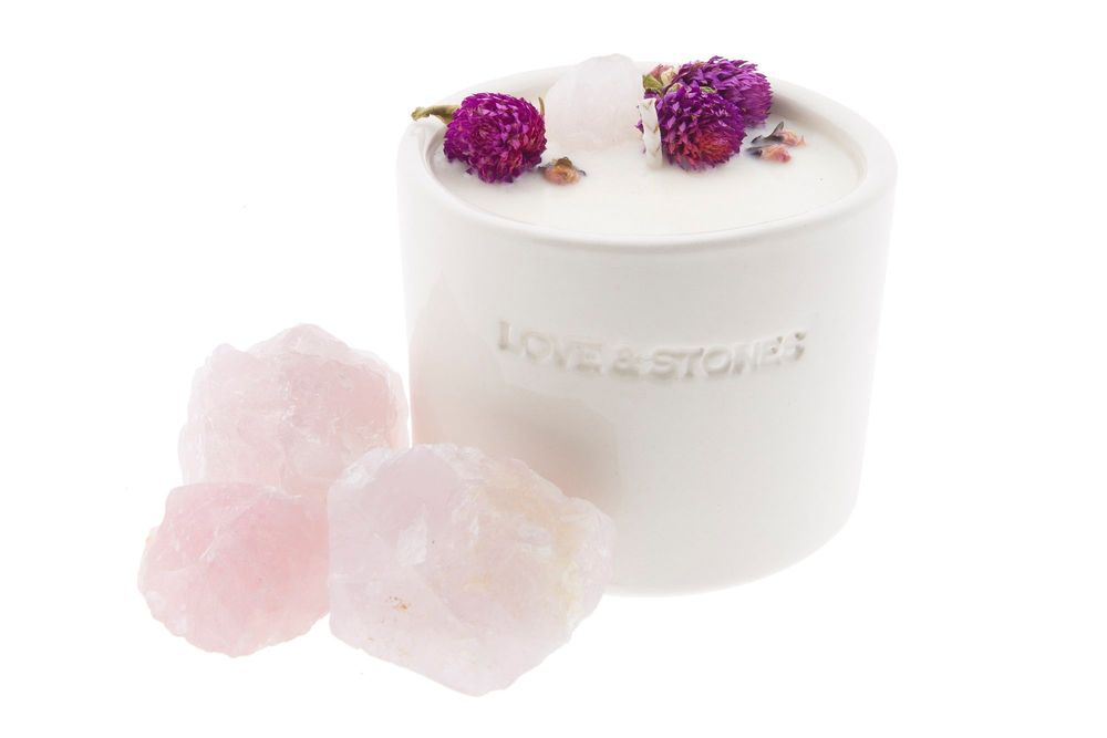 Candles - FOREVER - A RAW ROSE QUARTZ CRYSTAL INFUSED SCENTED TINY WHITE CERAMIC CANDLE 250ML - LOVE & STONES