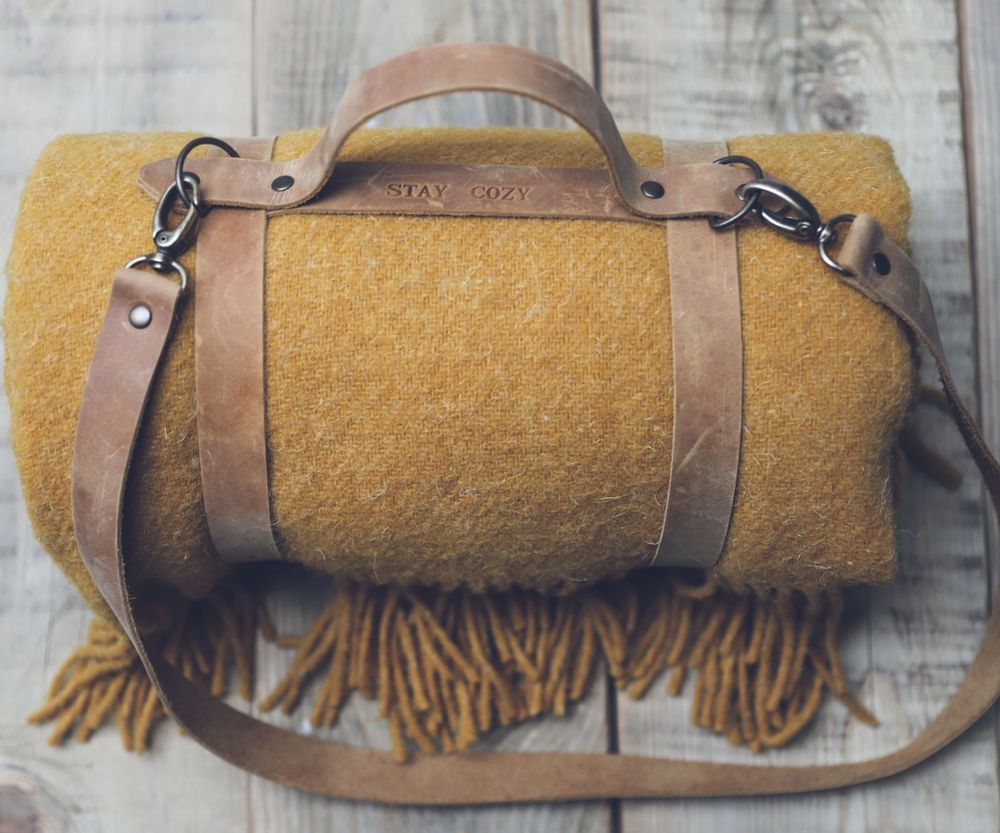 Throw blankets - Mustard Yellow Wool Blanket with Leather Handle Strap - EPIC LINEN