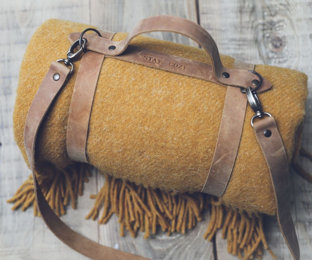 Throw blankets - Mustard Yellow Wool Blanket with Leather Handle Strap - EPIC LINEN