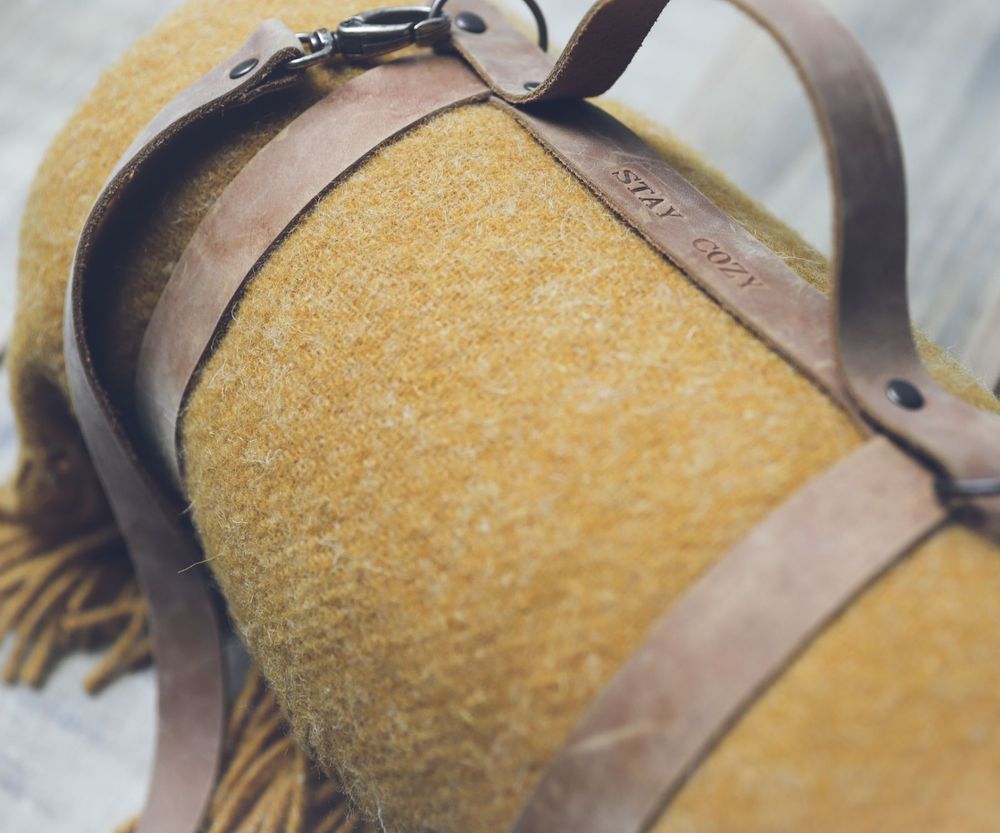 Throw blankets - Mustard Yellow Wool Blanket with Leather Handle Strap - EPIC LINEN