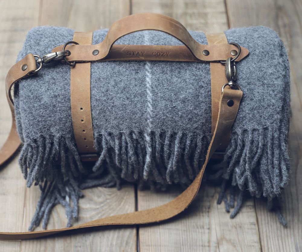 Throw blankets - Grey Wool Blanket with Leather Handle Strap - EPIC LINEN