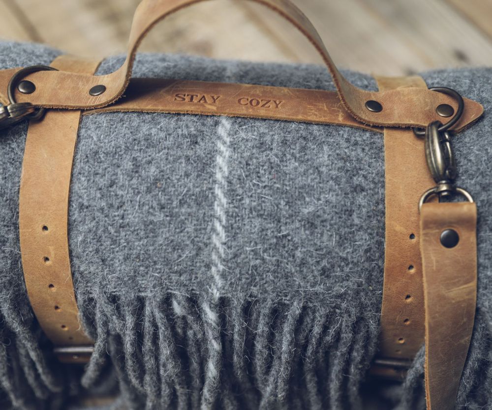 Throw blankets - Grey Wool Blanket with Leather Handle Strap - EPIC LINEN