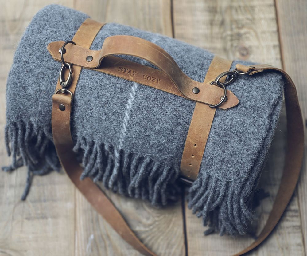 Throw blankets - Grey Wool Blanket with Leather Handle Strap - EPIC LINEN