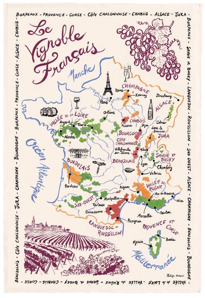Torchons - Torchon La Carte Des Vins de France Ecru 72 X 48 - MAISON VIVARAISE - SDE VIVARAISE WINKLER
