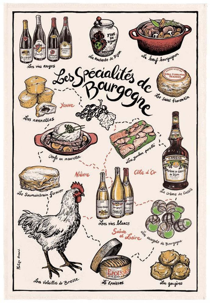 Torchons - Torchon Imprime Specialités de Bourgogne Ecru 48 X 72 - MAISON VIVARAISE – SDE VIVARAISE WINKLER