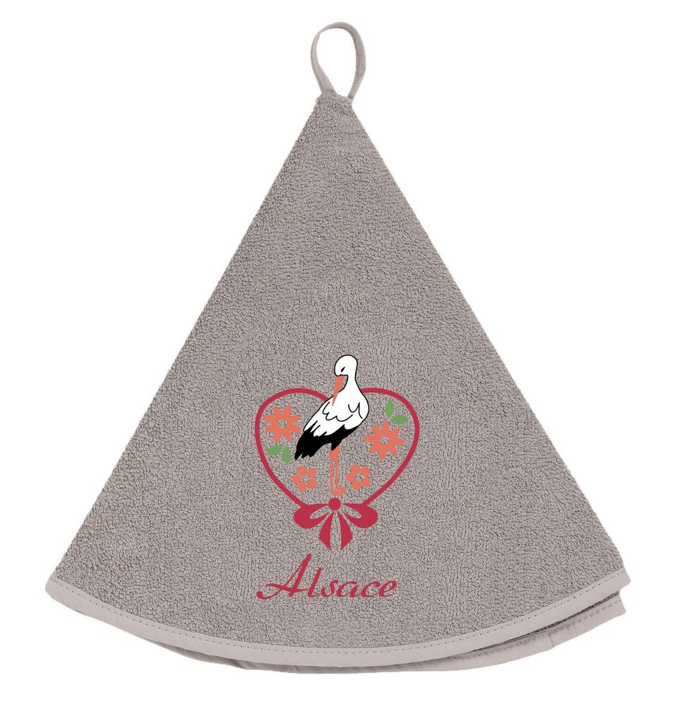 Torchons textile - Essuie-mains rond Brodé Cigogne Fleurs Gris Diamètre 60 cm - MAISON VIVARAISE – SDE VIVARAISE WINKLER