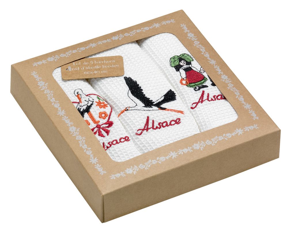 Torchons - Lot de 3 Torchons Nid d'abeilles Alsace Brodés Blanc 40 x 60 - MAISON VIVARAISE – SDE VIVARAISE WINKLER