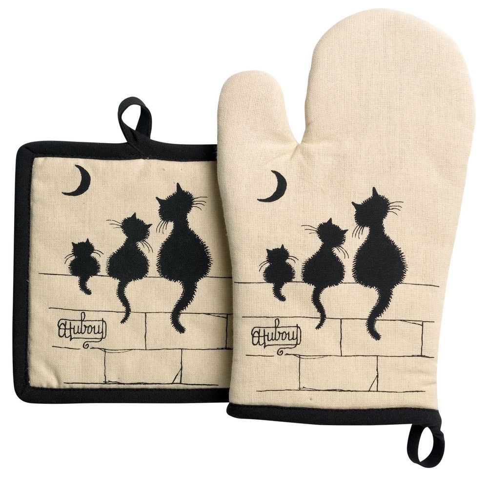 Potholders - Set/2  Glove+Potholder Dubout 3 Chats Beige 18 X 28 - MAISON VIVARAISE - SDE VIVARAISE WINKLER