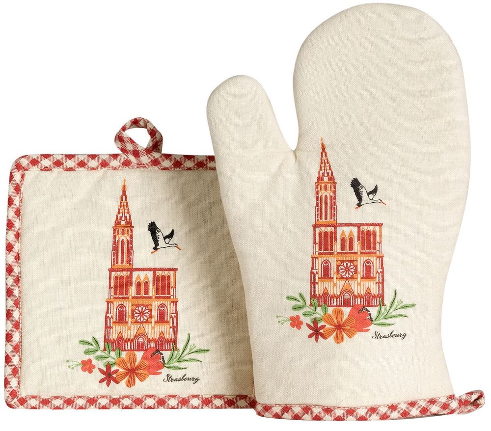 Potholders - Cathedral oven glove/potholder set Rouge/Écru 18 X 28 - MAISON VIVARAISE - SDE VIVARAISE WINKLER
