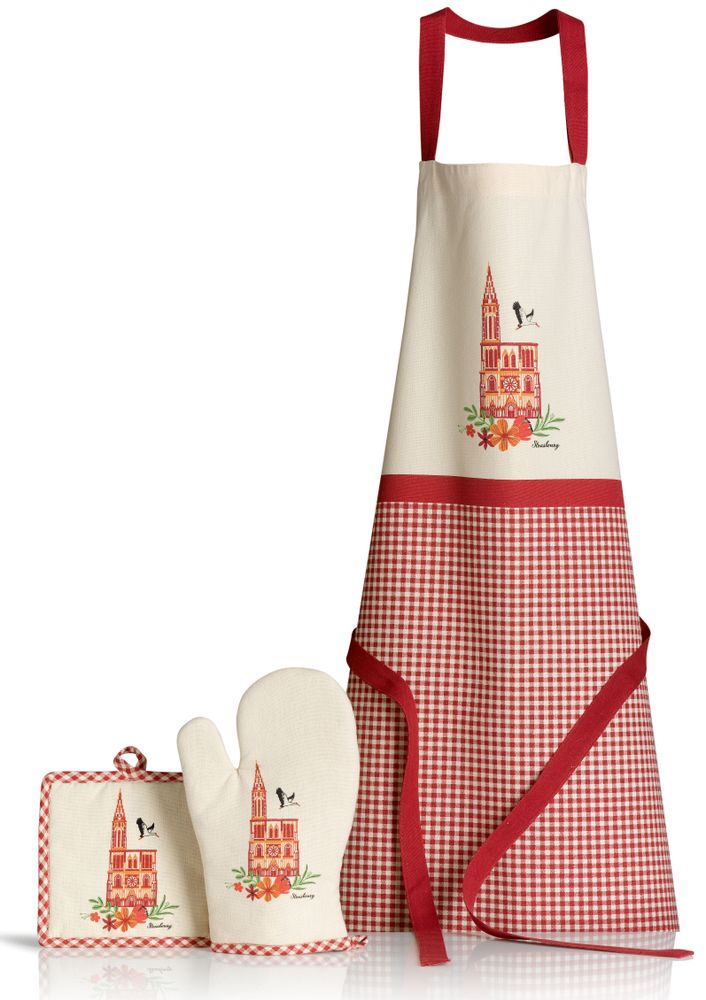 Potholders - Cathedral oven glove/potholder set Rouge/Écru 18 X 28 - MAISON VIVARAISE - SDE VIVARAISE WINKLER
