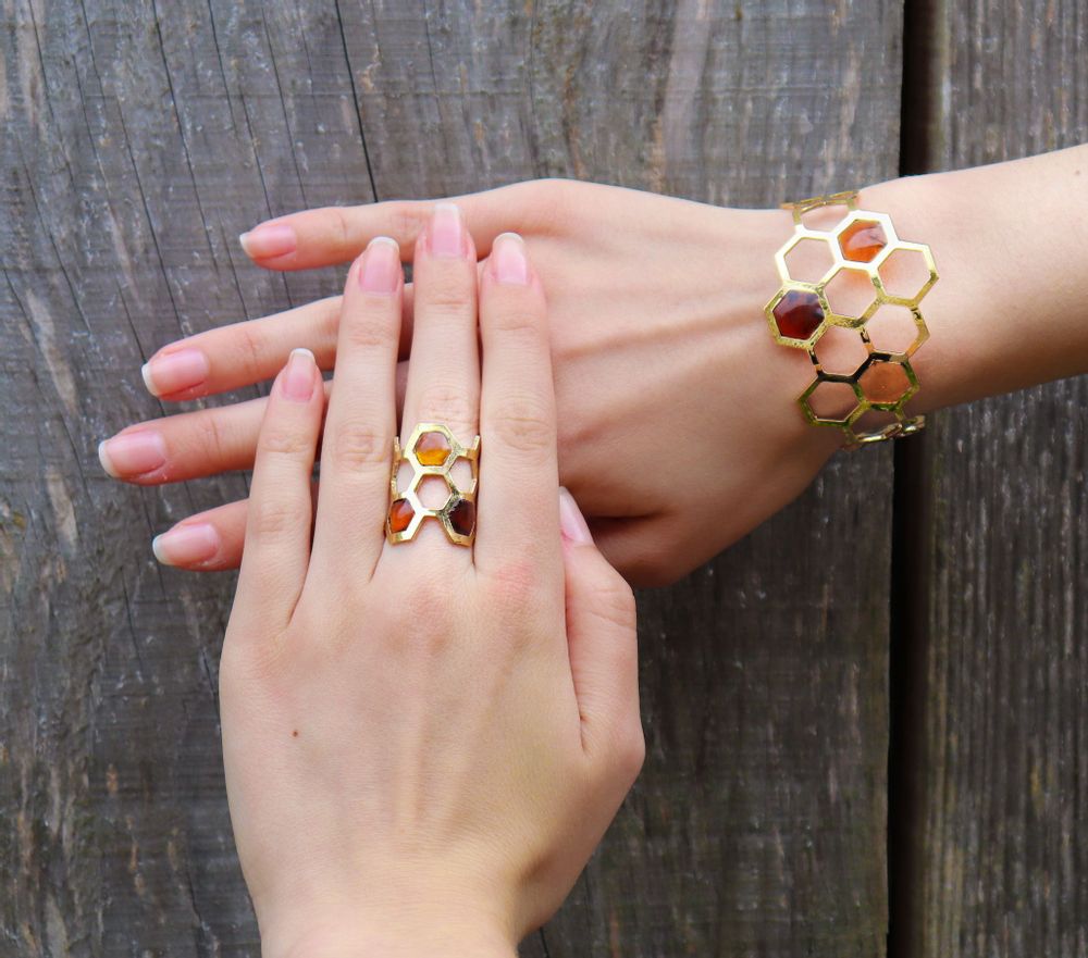 Art glass - Royale cuff bracelet, 14k gold plated and amber glass - MARIE FLAMBARD