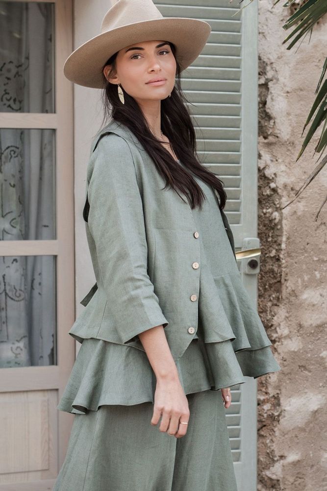 Prêt-à-porter - Ruffle dream linen shirt, camo green - BYPIAS