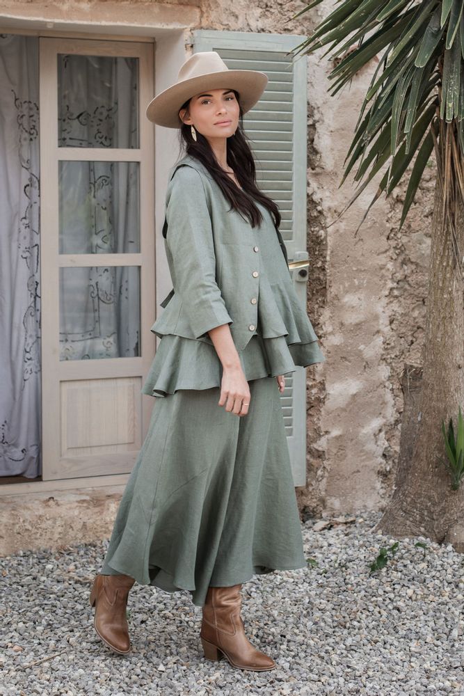 Prêt-à-porter - Ruffle dream linen shirt, camo green - BYPIAS