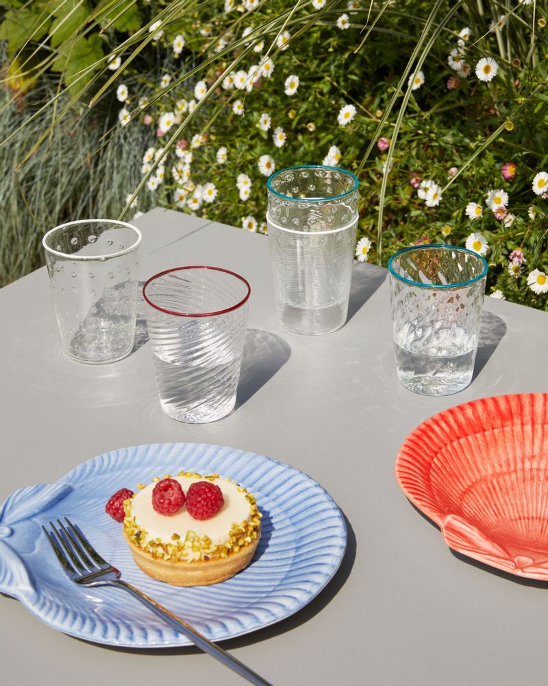 Glass - Murano Glass Ultralight Set of 2 Mixed-Texture Tumblers with Aquamarine Rim - STORIES OF ITALY