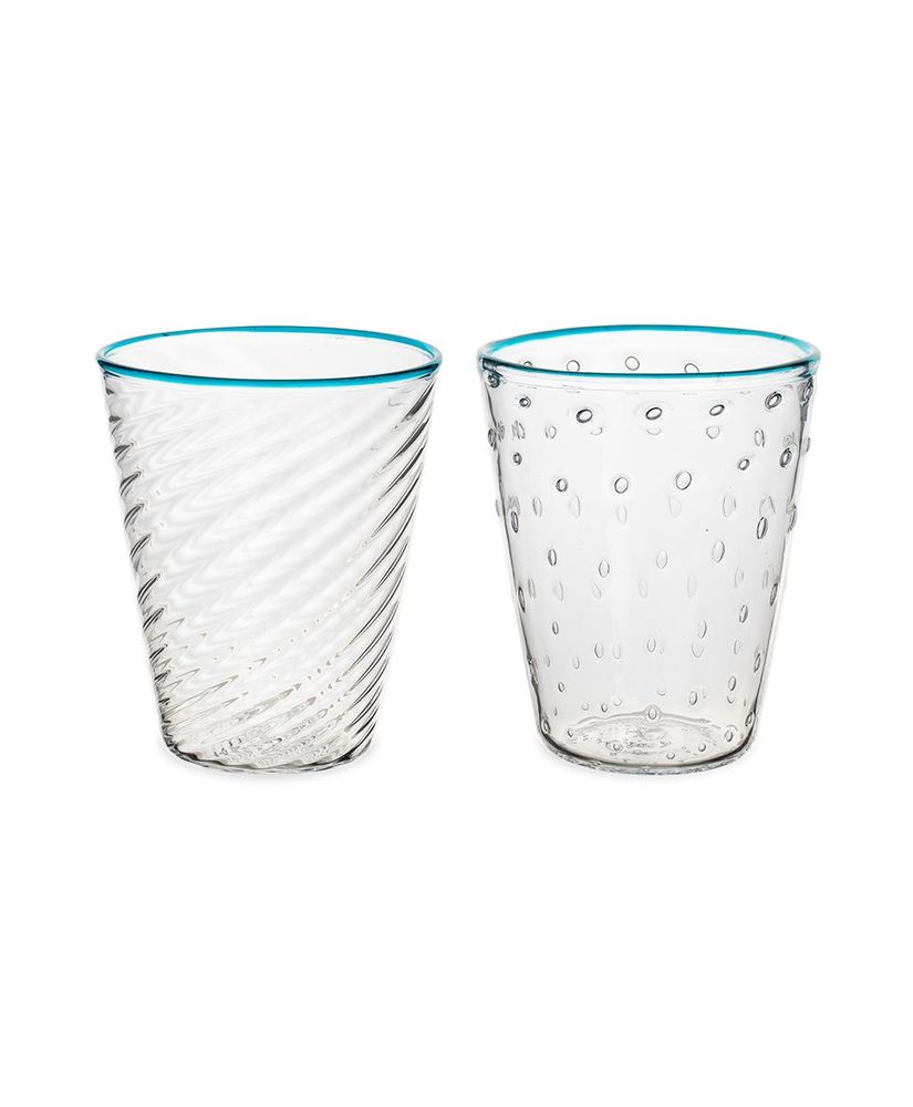 Glass - Murano Glass Ultralight Set of 2 Mixed-Texture Tumblers with Aquamarine Rim - STORIES OF ITALY