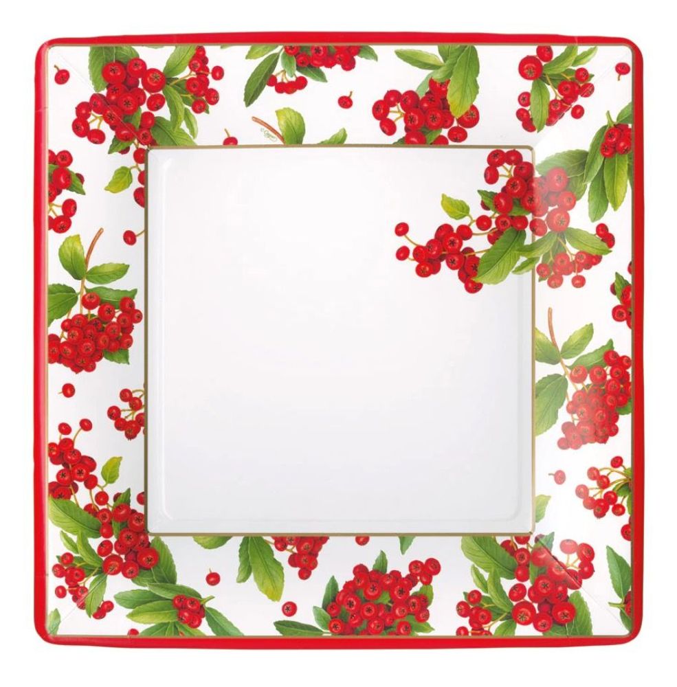 Decorative objects - Christmas Berry Square Paper Plates in Red - 8 per pack. - CASPARI