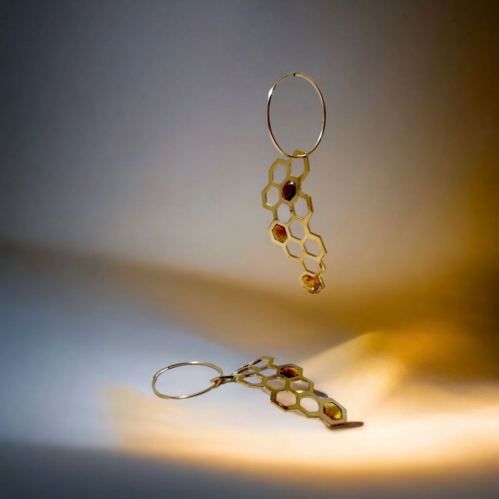 Verre d'art - Boucles d'oreilles Créoles Royale, Plaqué Or 14K et Verre ambrée - MARIE FLAMBARD