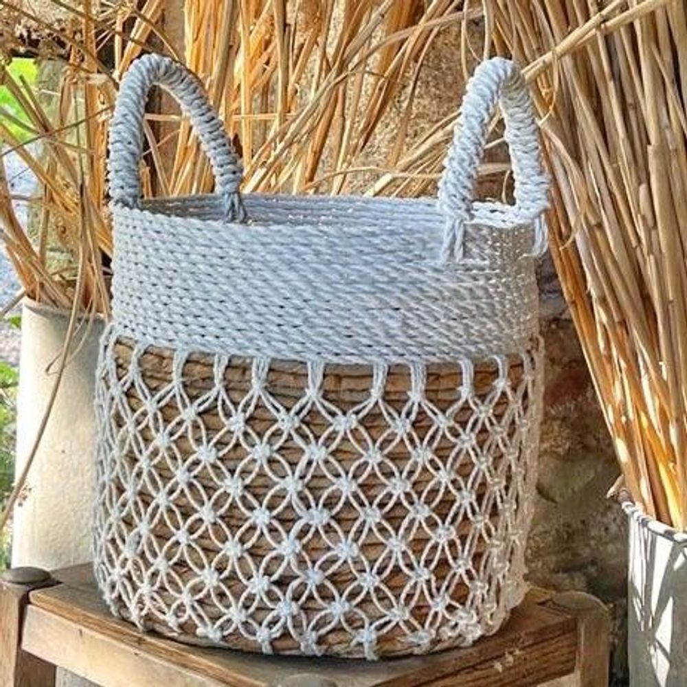 Baskets - Natural Abaca, Raffia and White Macrame Basket (Bali) - PARMS3 - BALINAISA