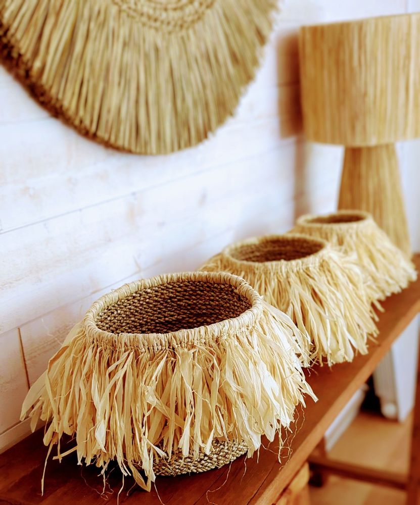 Paniers - Set de 3 petites panières à franges en Raphia (Bali) OPAFR - BALINAISA