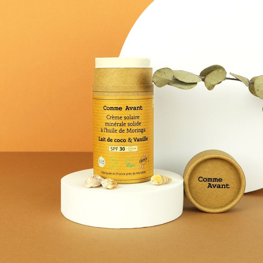 Cosmétiques - Crème solaire minérale solide SPF30 Lait de Coco & Vanille - COMME AVANT