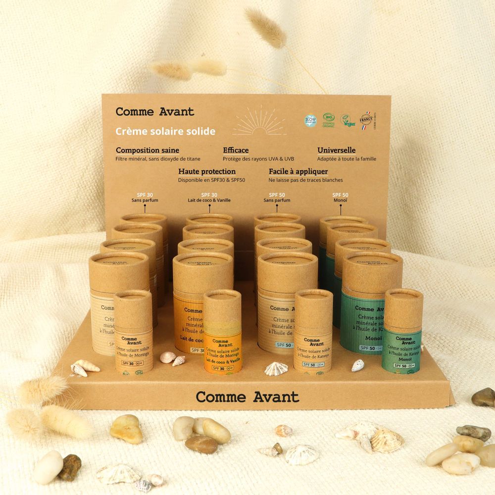 Cosmétiques - Présentoir de 16 crèmes solaires solide + 4 produits de présentation offerts - COMME AVANT
