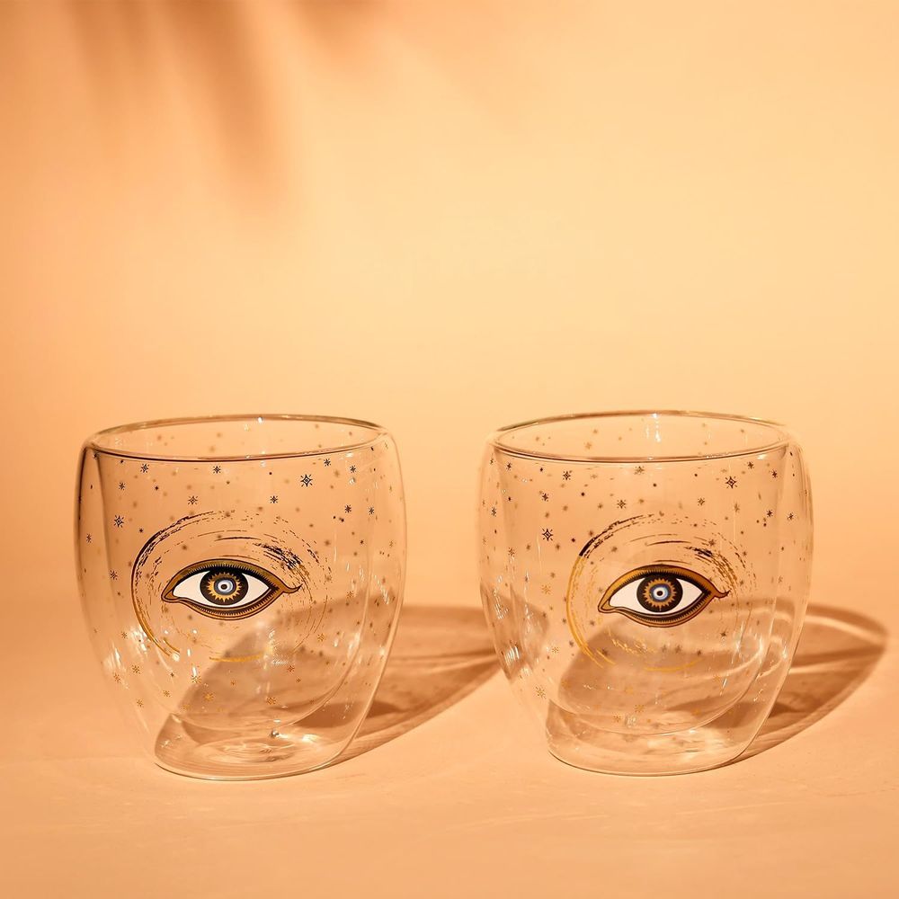Glass - Evil Eye Double Walled Glass Cups Without Handles - SOKA DESIGN STUDIO TABLEWARE
