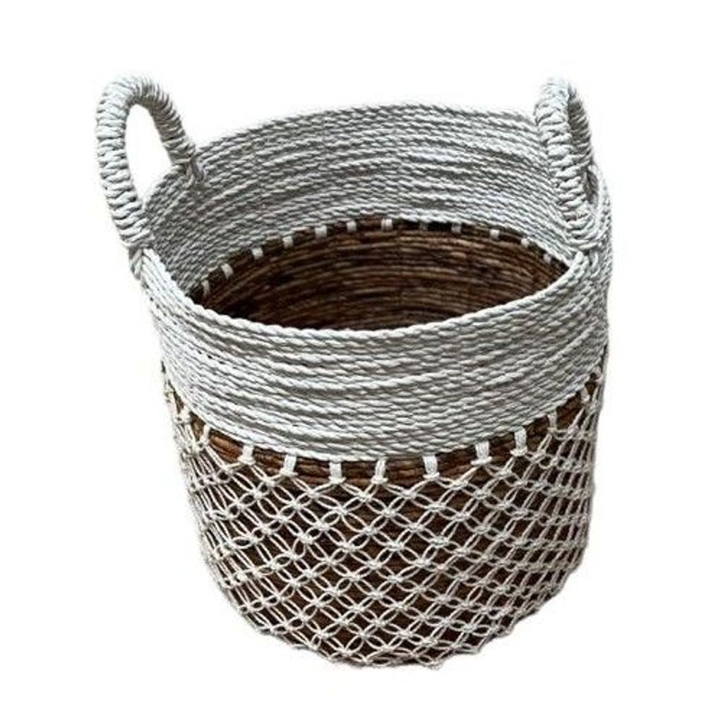 Baskets - Natural Abaca, Raffia and White Macrame Basket (Bali) - PARMS3 - BALINAISA