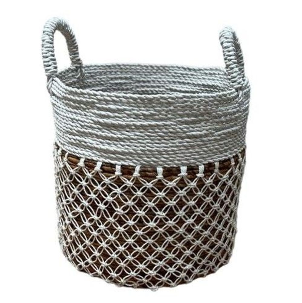 Baskets - Natural Abaca, Raffia and White Macrame Basket (Bali) - PARMS3 - BALINAISA