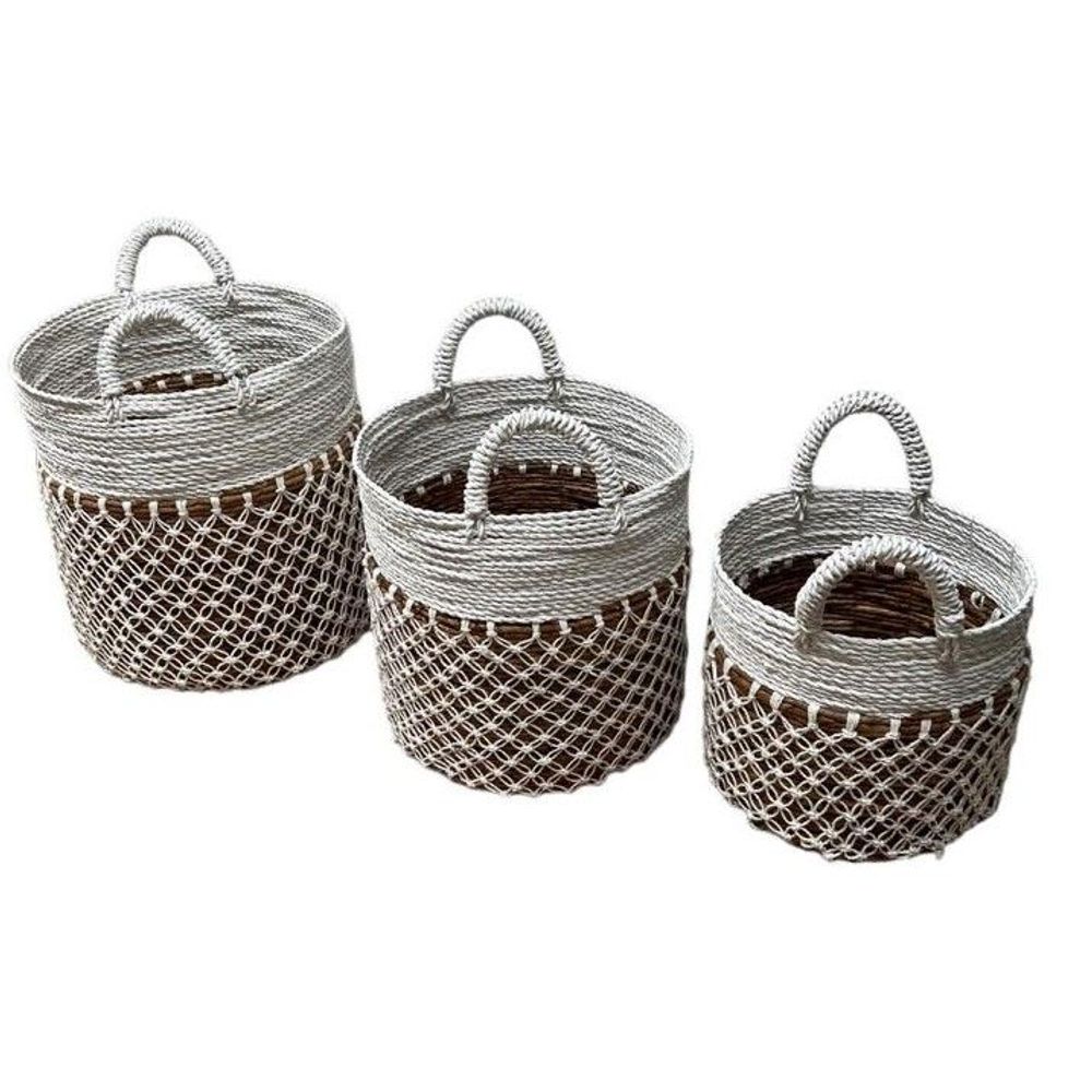 Baskets - Natural Abaca, Raffia and White Macrame Basket (Bali) - PARMS3 - BALINAISA