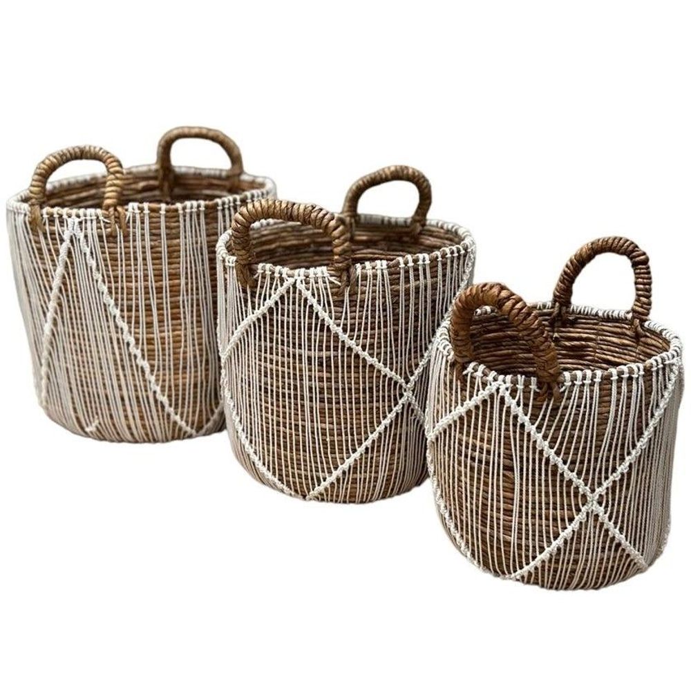 Baskets - Set of 3 abaca and white macrame baskets (Bali) - S65 - BALINAISA