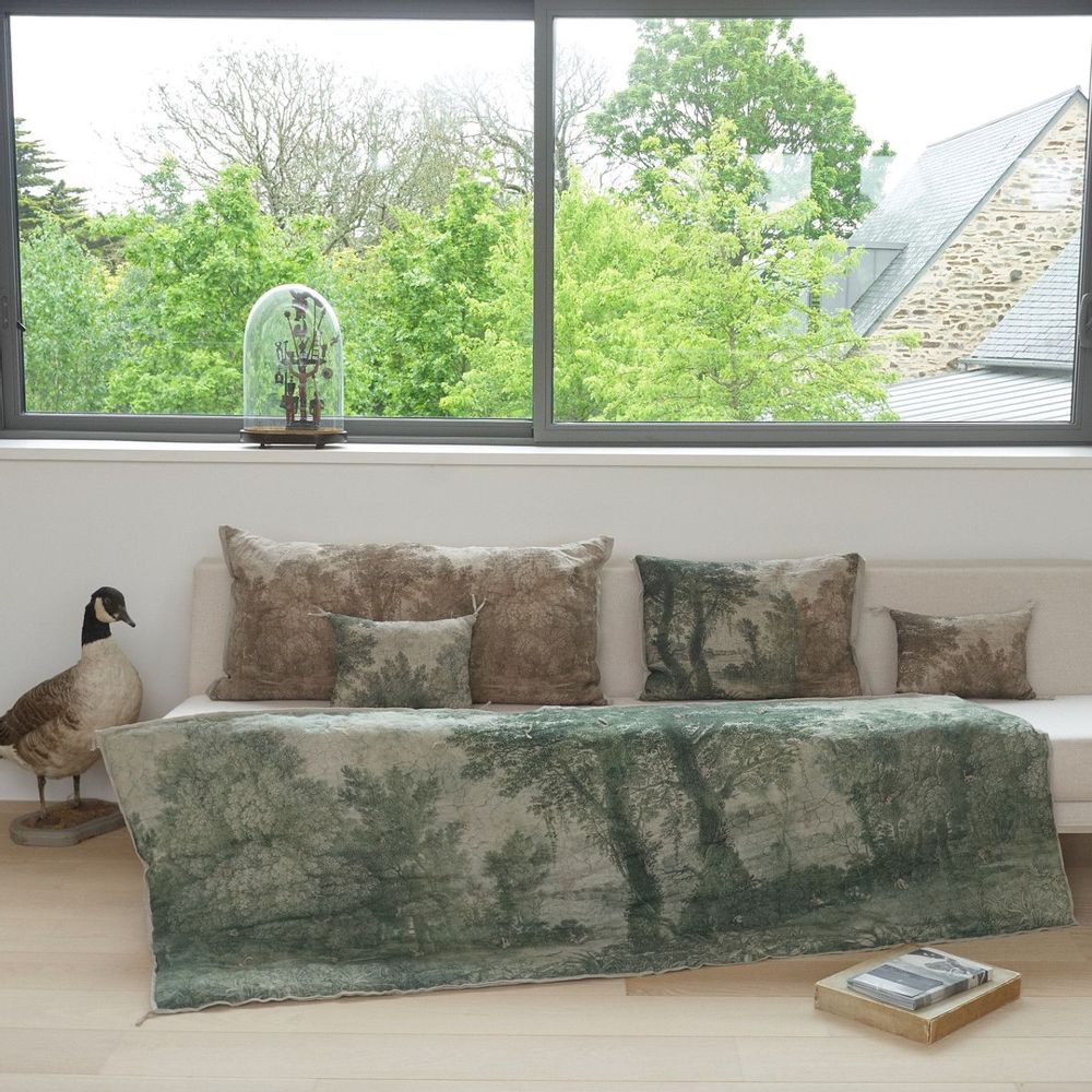 Plaids - CAMPAGNE Bout de lit en lin imprimé Ananbo 90x20 cm LICHEN - EN FIL D'INDIENNE...