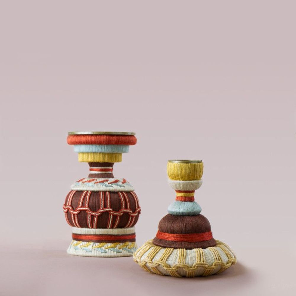 Objets design - Paire de bougeoirs avec passementerie - Liason - MIHO UNEXPECTED THINGS