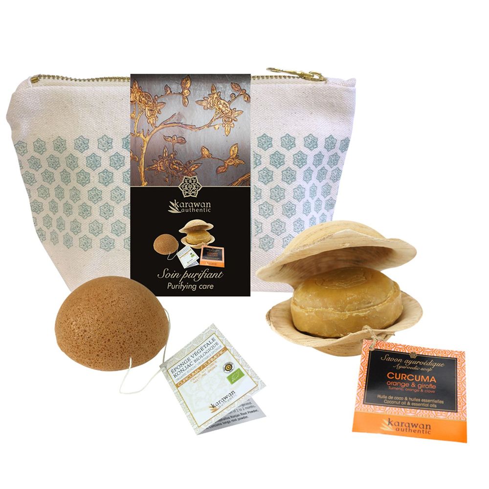 Coffrets et boîtes - TROUSSE CADEAU BIEN-ÊTRE KONJAC ET AYURVÉDA - SOIN PURIFIANT - KARAWAN AUTHENTIC