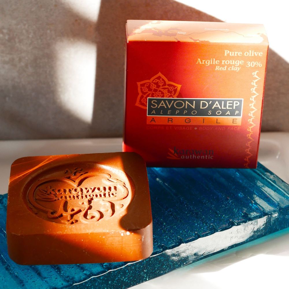 Cadeaux - SAVON D'ALEP PURE OLIVE ENRICHI À L'ARGILE ROUGE 30% - 100G - KARAWAN AUTHENTIC