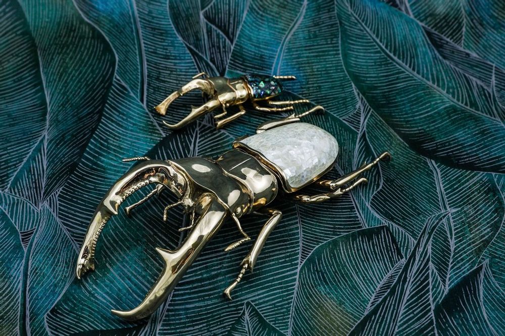 Decorative objects - Lucane Scarab box, natural mother-of-pearl mosaic and recycled brass - WILD BY MOSAIC
