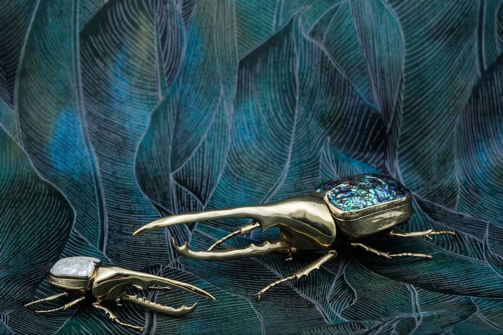 Decorative objects - Rhino beetle box natural mother-of-pearl & recycled brass - WILD BY MOSAIC