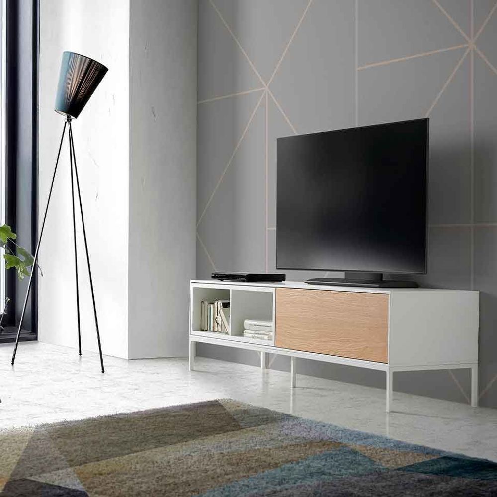 TV stands - TV stand in white wood, oak and white steel - ANGEL CERDÁ