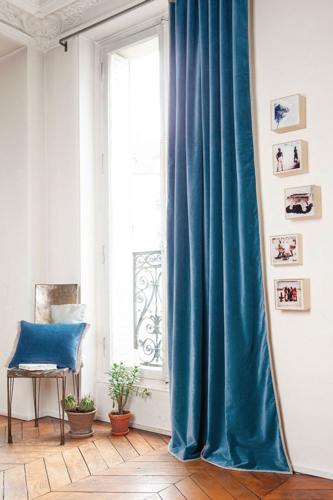 Rideaux et voilages - MEDICIS rideau occultant en velours de coton 130x280cm couleur DENIM - EN FIL D'INDIENNE...