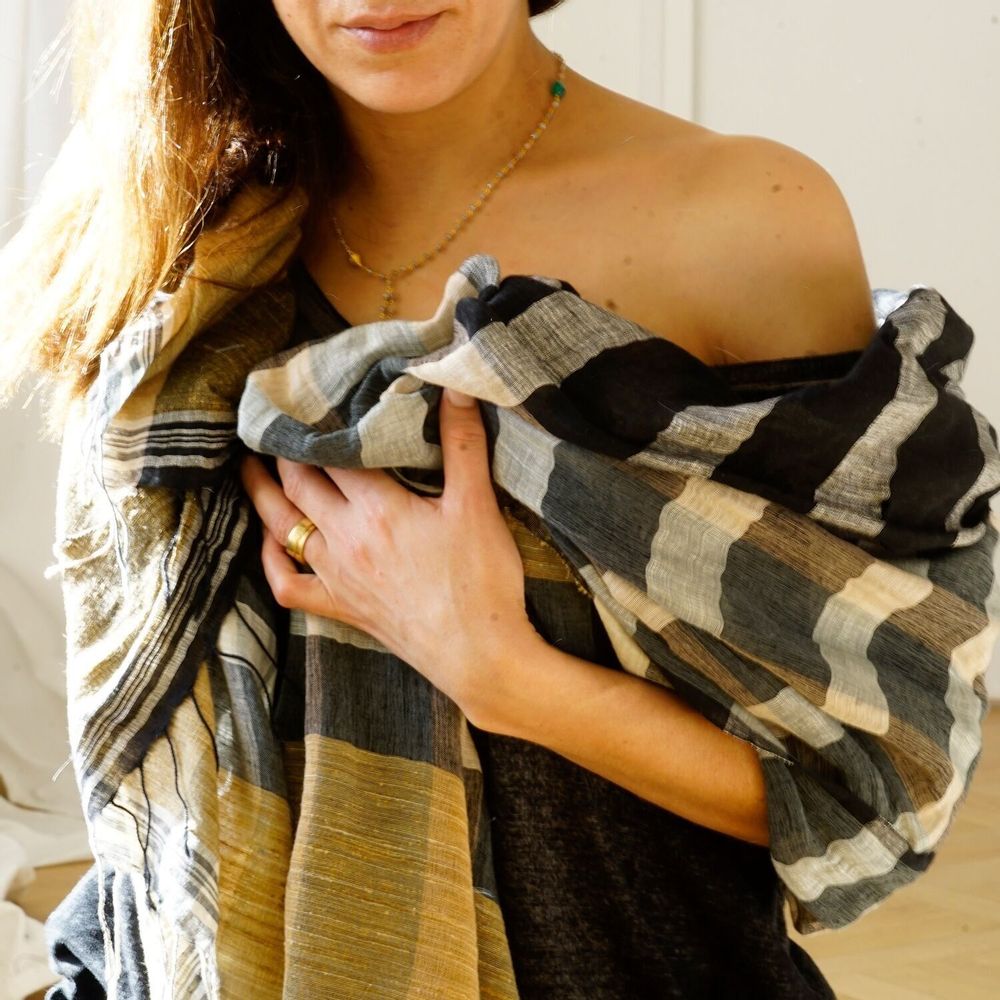 Scarves - LINEN, ORGANIC COTTON AND JUTE STOLE\" CHESS” - KARAWAN AUTHENTIC